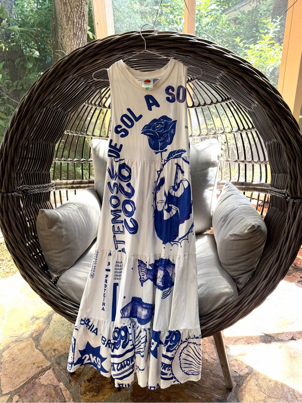 FARM Rio White Maxi Dress with Bold Blue Graphic Print